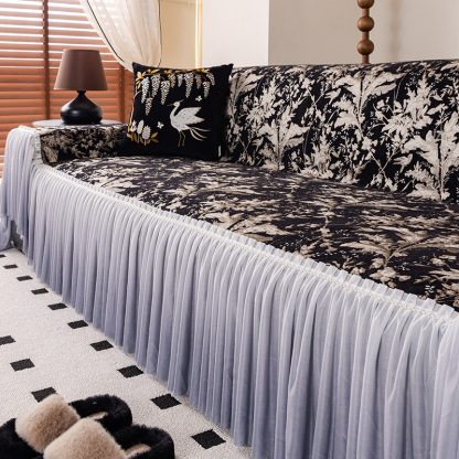 防滑雪尼爾沙發坐墊套罩帶裙邊蓋布