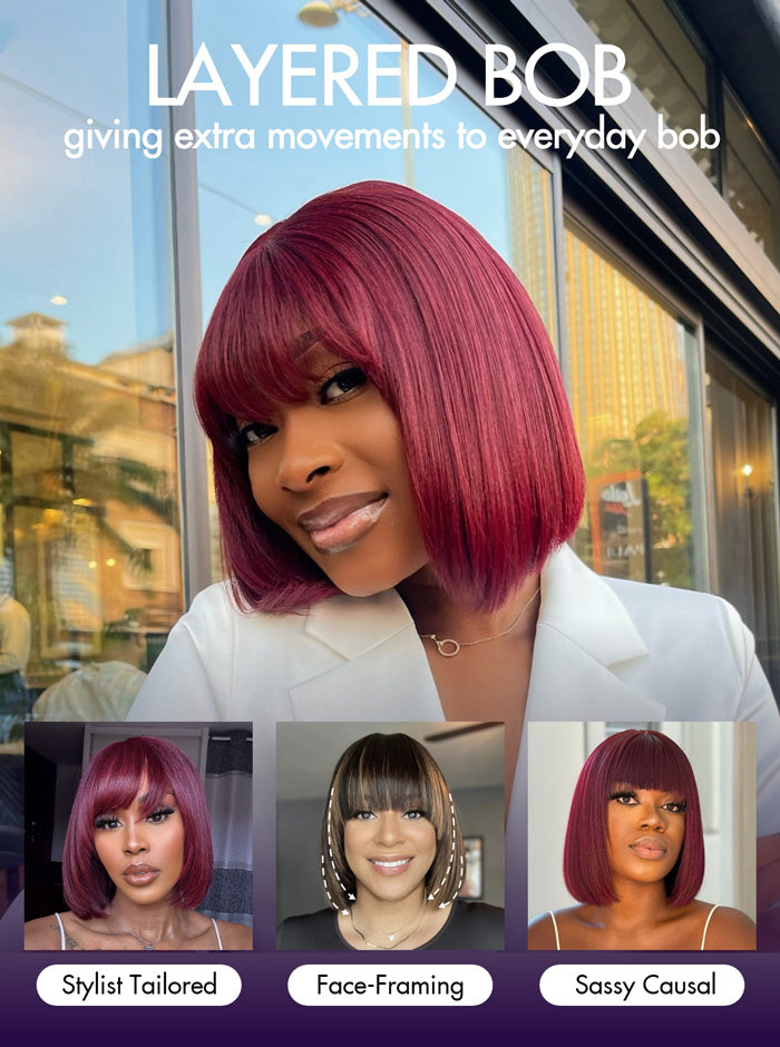 Put On and Go Ash Blonde Highlight / Brown Highlight / Natural Black Layered Cut Yaki Straight Minimalist Lace Bob Wig-19
