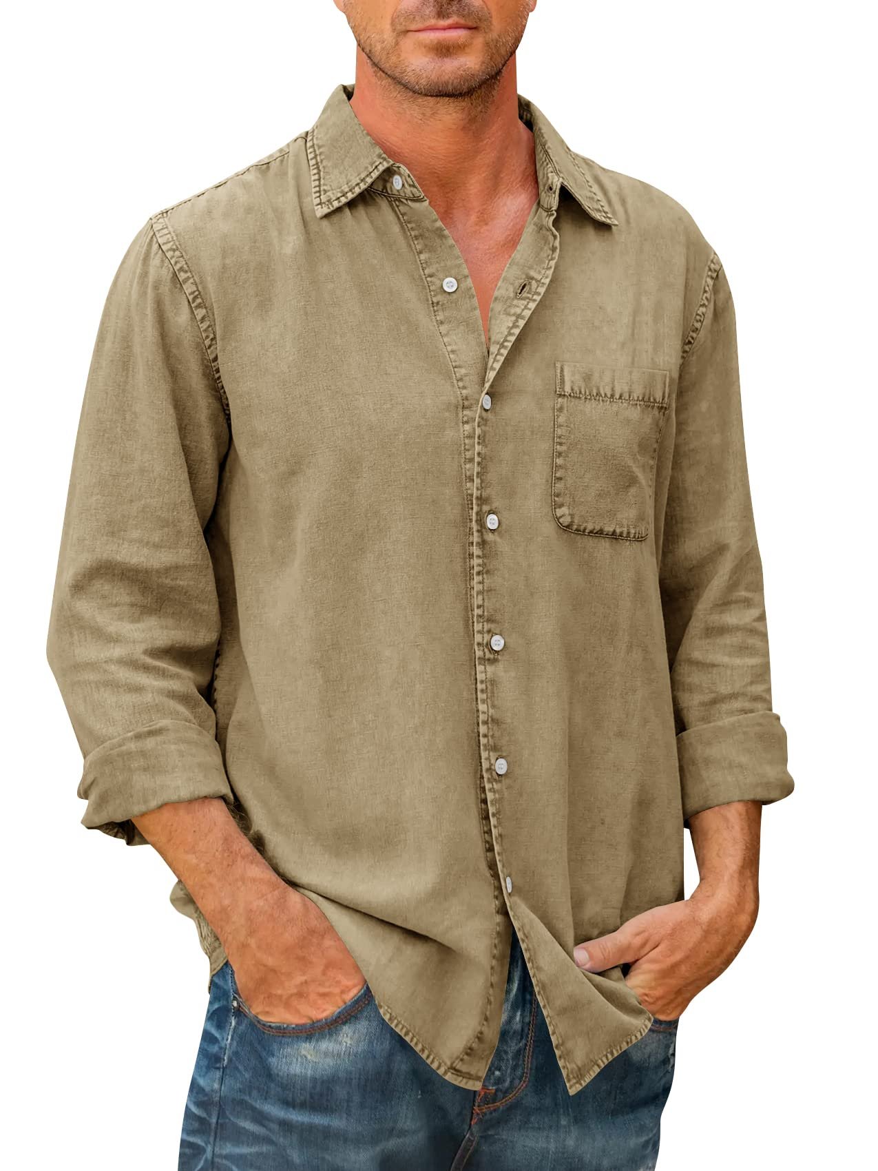 🔥🔥Mens Denim Long Sleeve Button Down Shirt