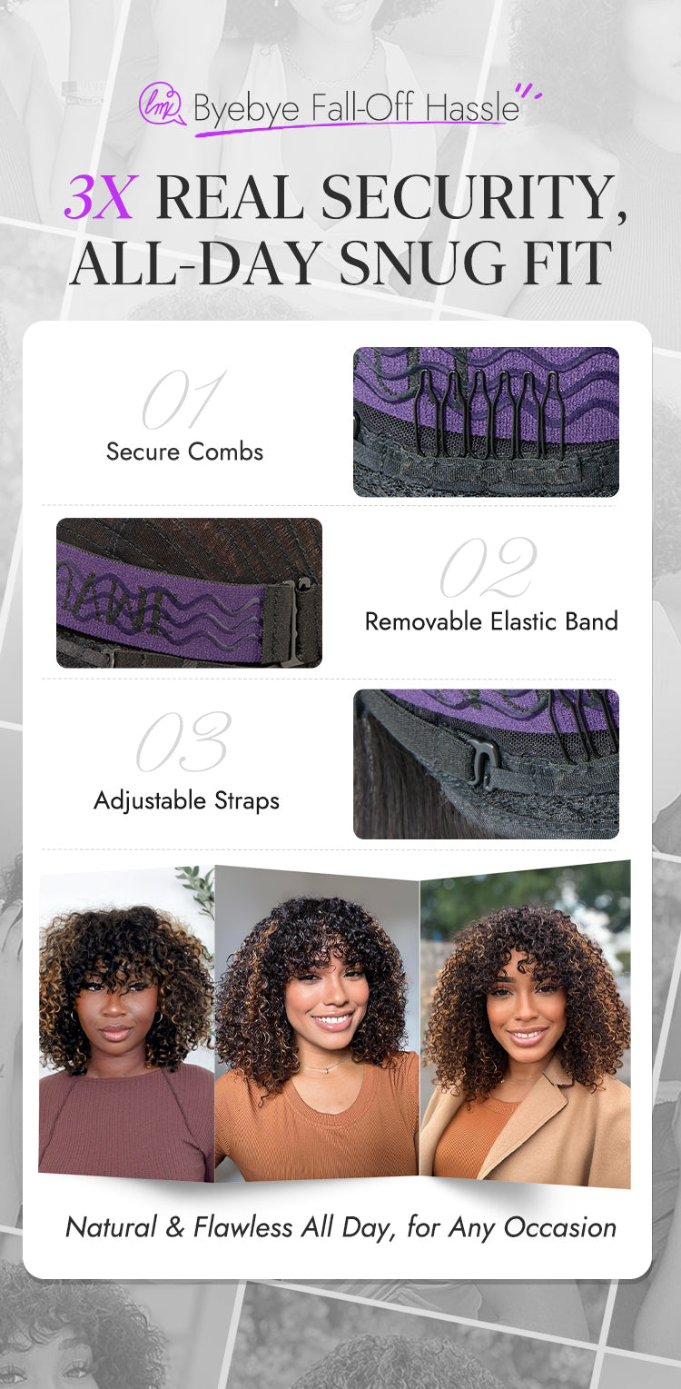 1 SEC INSTALL WIG | Brown Highlight Water Wave Natural Scalp Glueless Minimalist Lace Short Curly Wig with Bangs-29