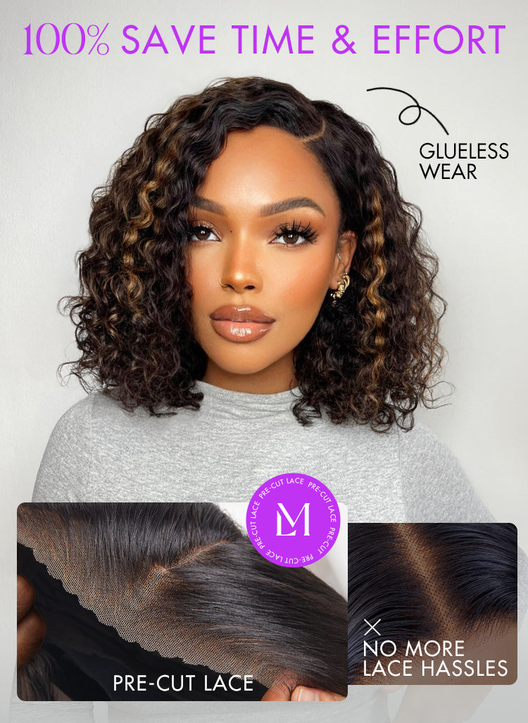 Blonde Highlight Short Curly Glueless Minimalist HD Lace Human Hair Wig-30