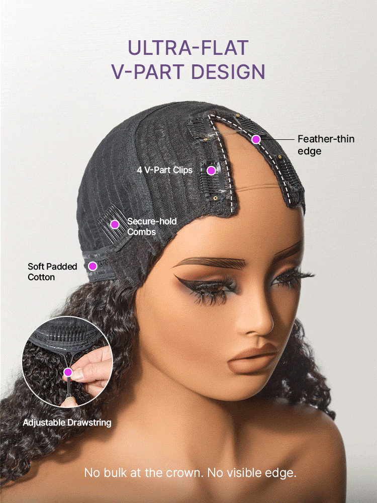 True Scalp Burmese Curly V Part Glueless Human Hair Wig Flexi-Fit Drawstring-13