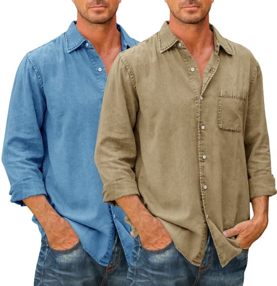 🔥🔥Mens Denim Long Sleeve Button Down Shirt