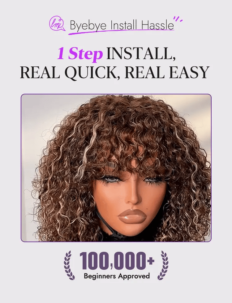 Beginner Friendly Ash Blonde Highlights Water Wave True Scalp Minimalist Lace Glueless Curly Wig with Bangs-41