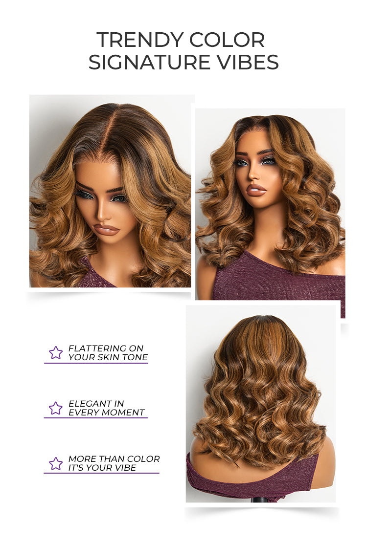 Sun-Kissed Warm Tone Brown with Blonde Highlights 180% Density Loose Wave Glueless 5x5 Closure Lace Wig Pre-Cut Lace-10