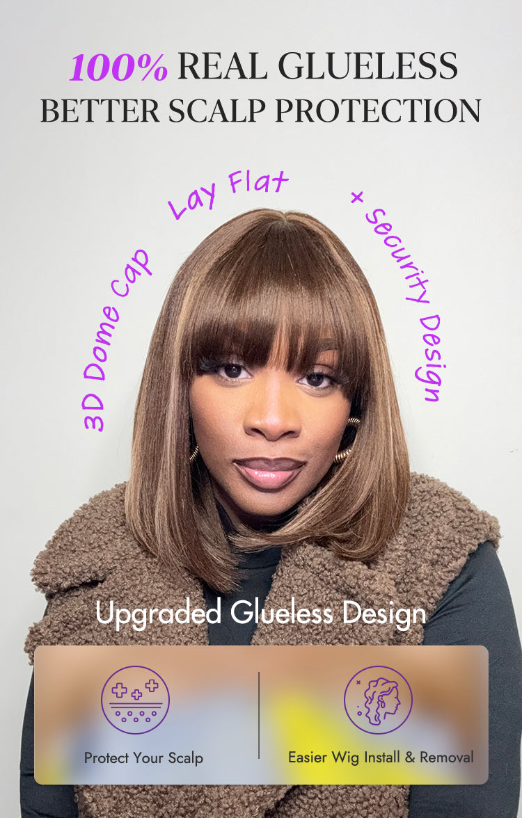 Ash Blonde Highlights Yaki Blunt Cut Bob Wig with Bangs Glueless Minimalist Lace Short Wig Breathable Cap-19