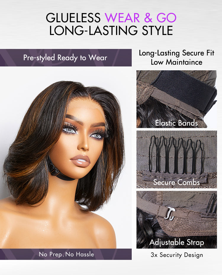 Limited Design | Blonde Highlights Glueless 5x5 Closure HD Lace Stacked Bob Wig | Large & Small Cap Size-12