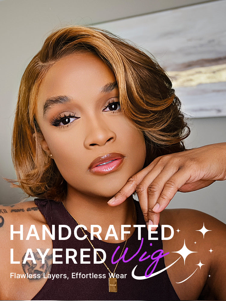 Limited Design | Toffee Brown Mix Blonde / Natural Black Layered Cut Glueless 5x5 Closure Lace Bob Wig-26