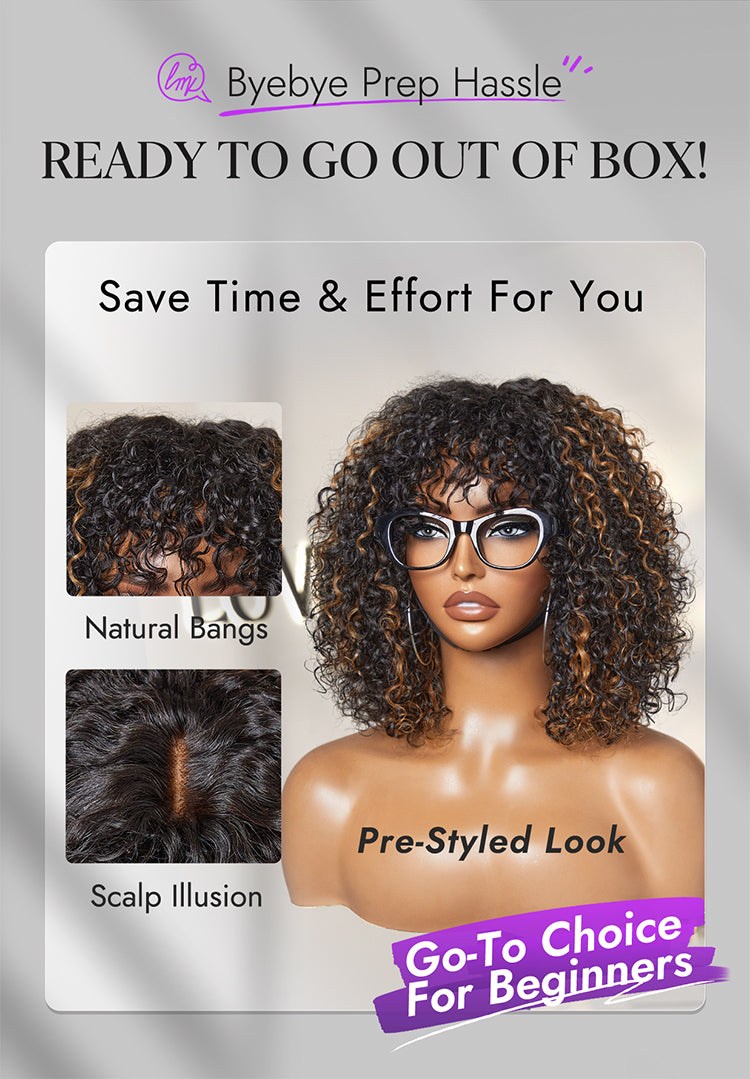 1 SEC INSTALL WIG | Brown Highlight Water Wave Natural Scalp Glueless Minimalist Lace Short Curly Wig with Bangs-26