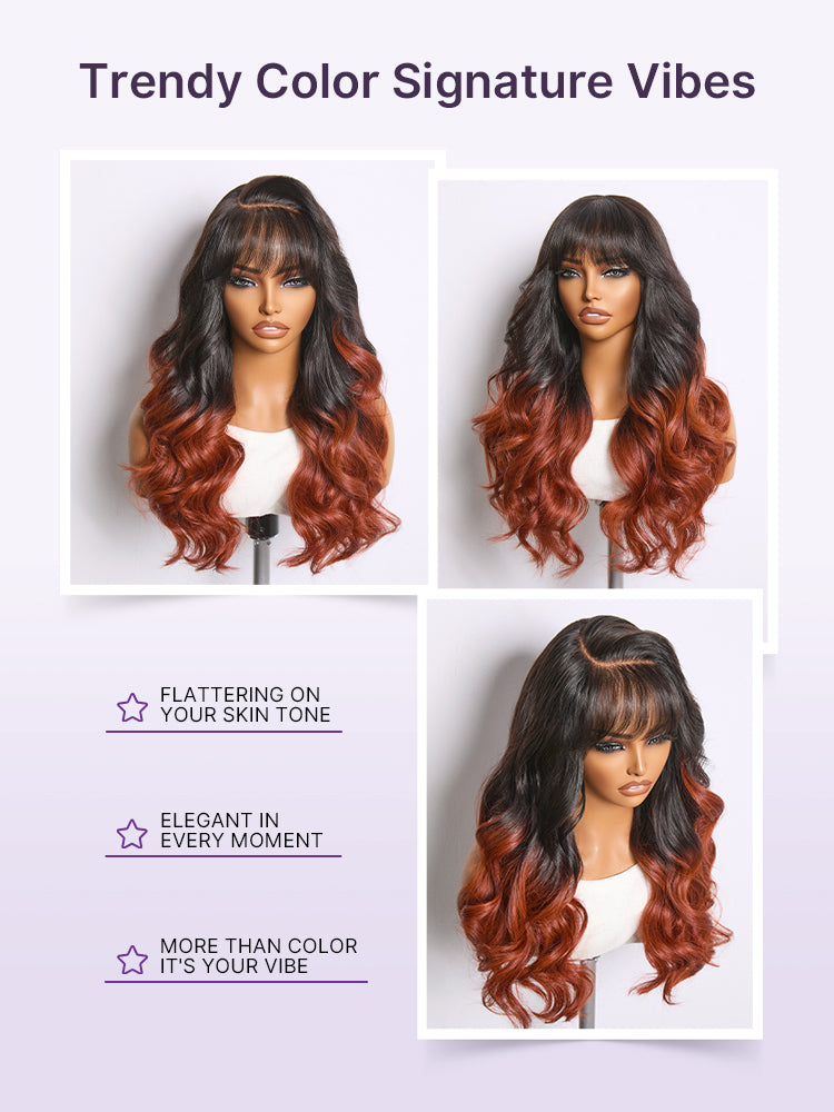 Ombre Reddish Brown Loose Wave Glueless 5x5 Closure Lace Wig with Bangs Pre-Cut Lace-11