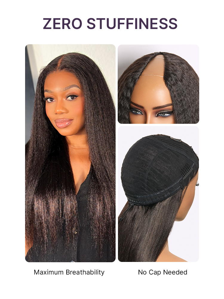 True Scalp Kinky Straight V Part Glueless Human Hair Wig Flexi-Fit Drawstring-15