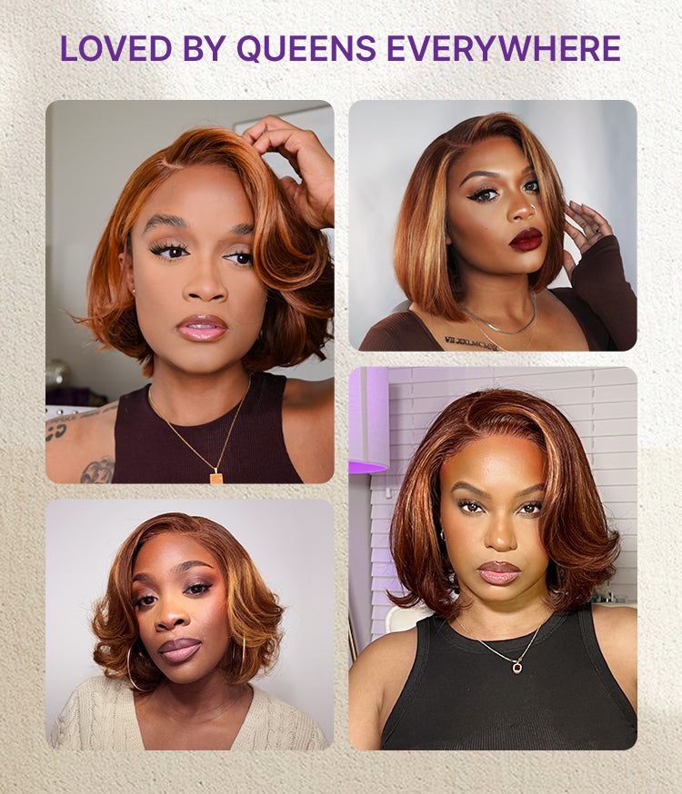 Limited Design | Toffee Brown Mix Blonde / Natural Black Layered Cut Glueless 5x5 Closure Lace Bob Wig-30