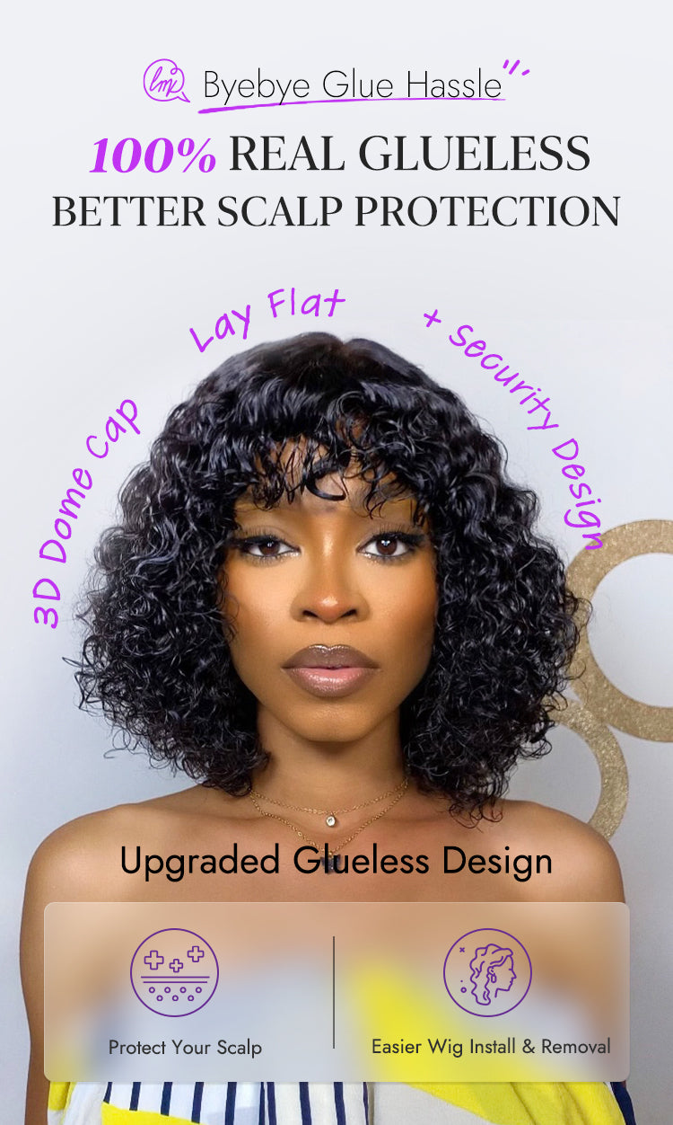 Beginner Friendly Water Wave Minimalist Lace Glueless Short Curly Wig with Bangs-23
