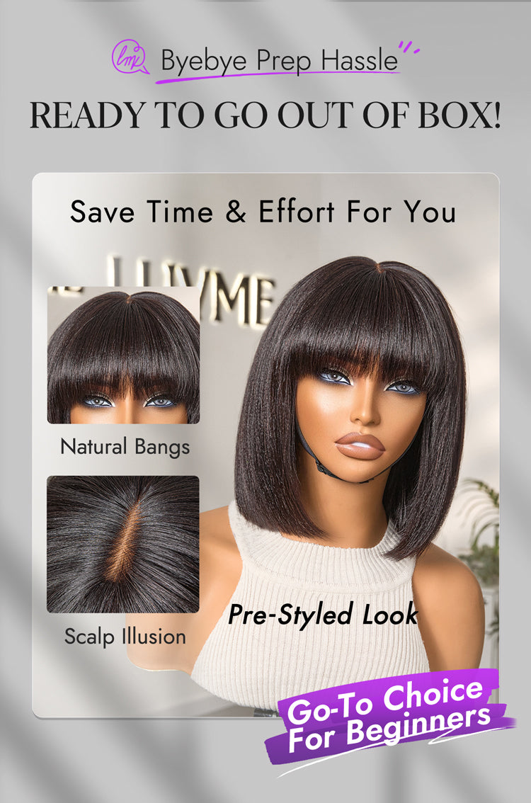 Put On and Go Realistic Glueless Yaki Straight Bob with Bangs Minimalist Lace Wig 100% Human Hair-23
