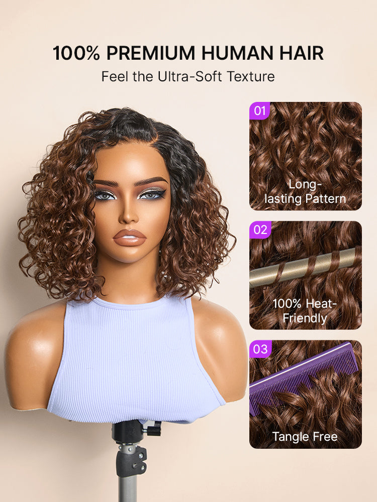 Ready to Go Ombre Brown Water Wave Short Curly Bob Wig Glueless Minimalist HD Lace Wig Pre-Cut Lace-13