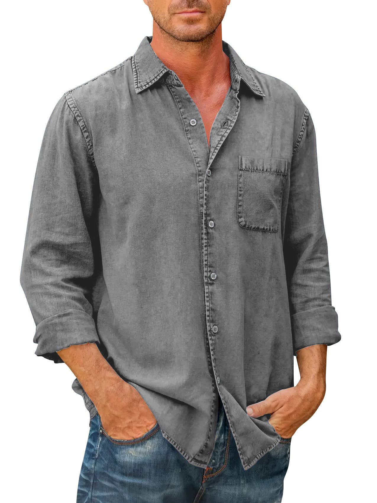 🔥🔥Mens Denim Long Sleeve Button Down Shirt