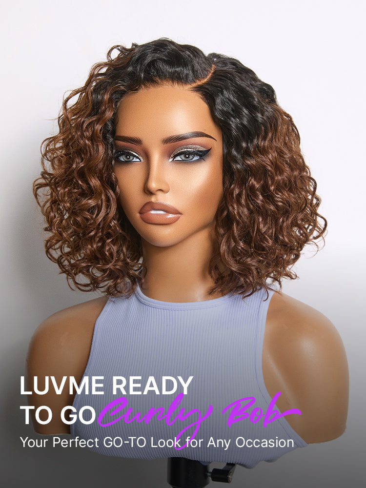 Ready to Go Ombre Brown Water Wave Short Curly Bob Wig Glueless Minimalist HD Lace Wig Pre-Cut Lace-12