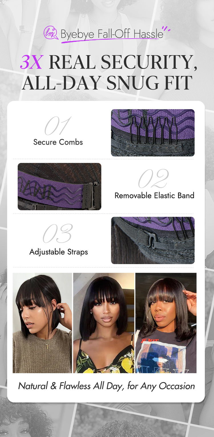 Put On and Go Realistic Glueless Yaki Straight Bob with Bangs Minimalist Lace Wig 100% Human Hair-22