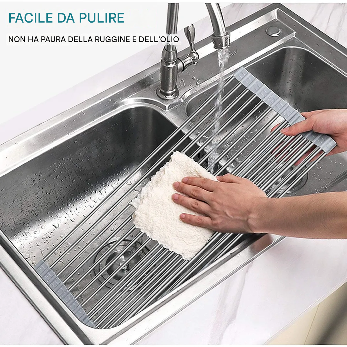 Scolapiatti arrotolabile in acciaio inox, pieghevole
