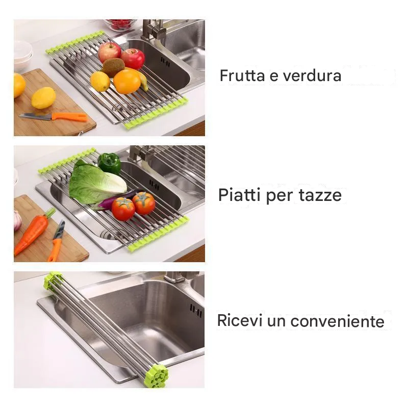 Scolapiatti arrotolabile in acciaio inox, pieghevole