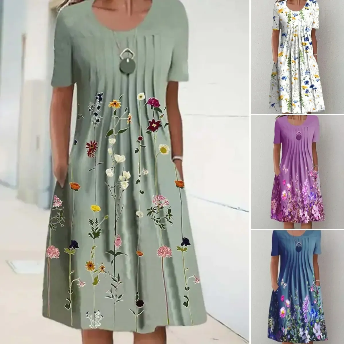 🌸🦋【40-100KG】Nowa damska sukienka z okrągłym dekoltem i nadrukiem (S-3XL)