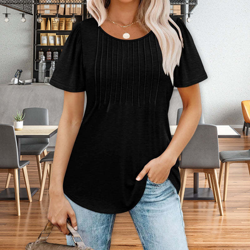 🔥👚Damska letnia koszulka z krótkim rękawem i okrągłym dekoltem plisowana