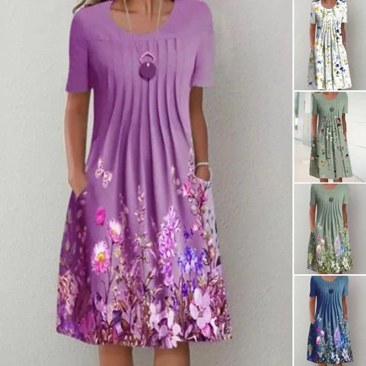 🌸🦋【40-100KG】Nowa damska sukienka z okrągłym dekoltem i nadrukiem (S-3XL)