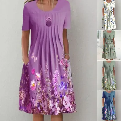 🌸🦋【40-100KG】Nowa damska sukienka z okrągłym dekoltem i nadrukiem (S-3XL)
