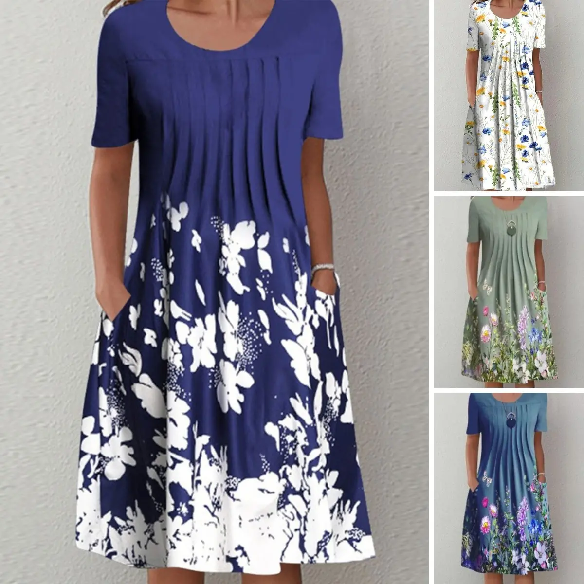 🌸🦋【40-100KG】Nowa damska sukienka z okrągłym dekoltem i nadrukiem (S-3XL)