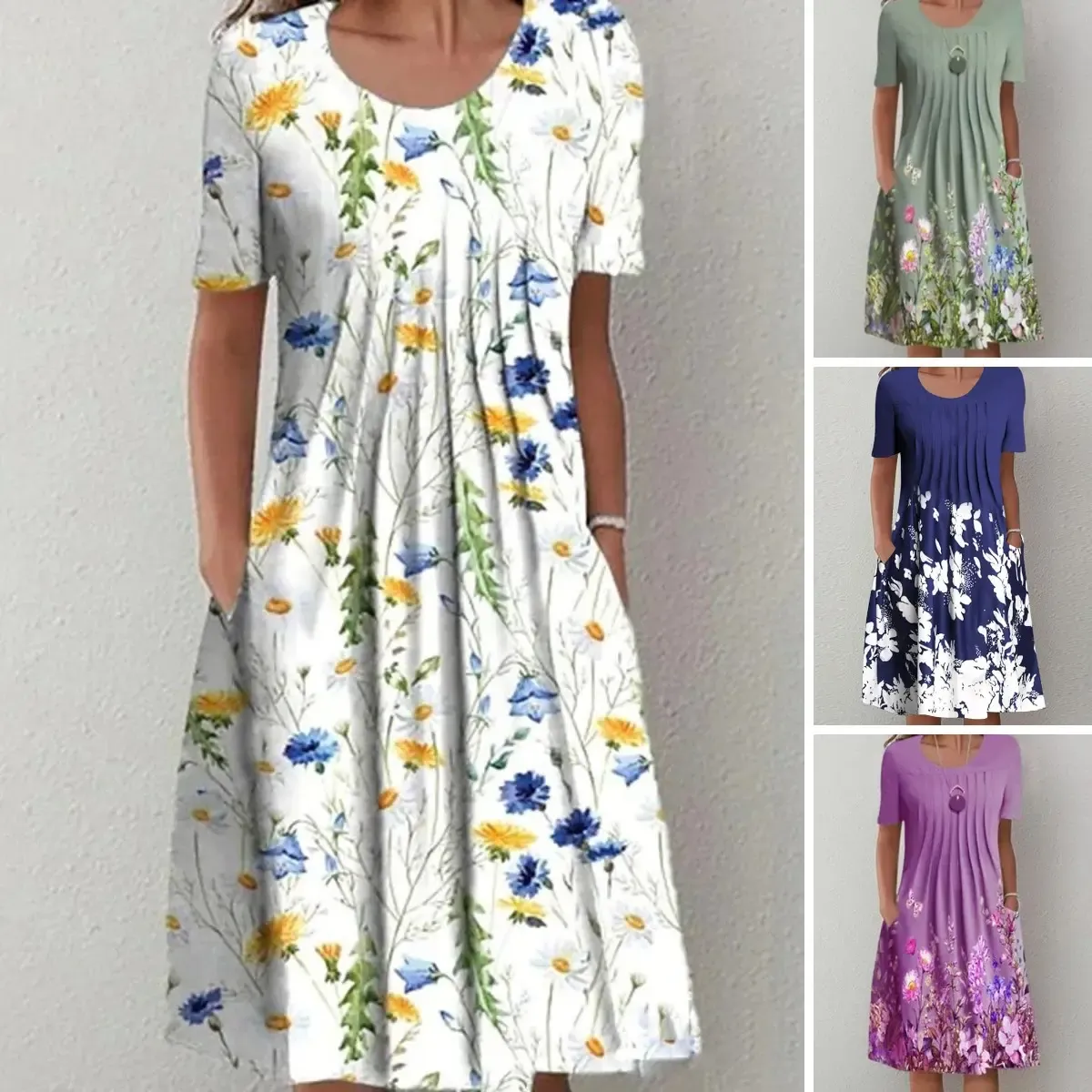 🌸🦋【40-100KG】Nowa damska sukienka z okrągłym dekoltem i nadrukiem (S-3XL)
