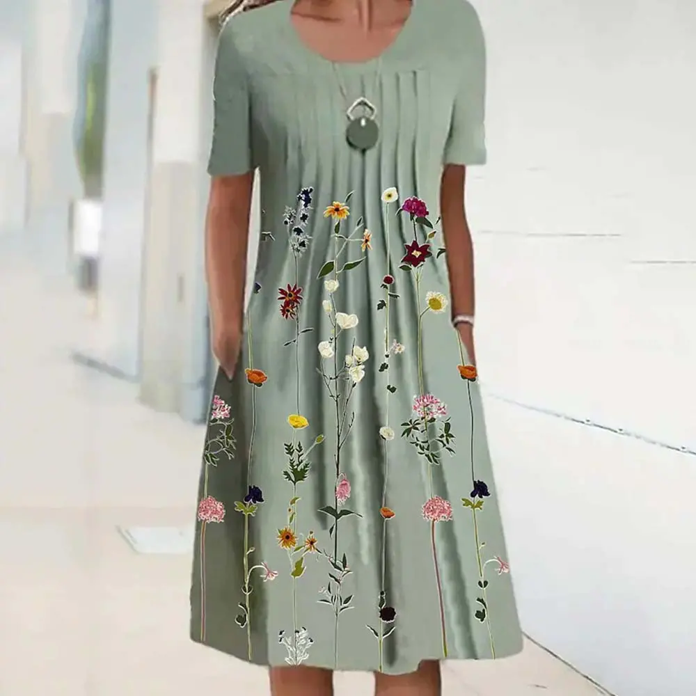 🌸🦋【40-100KG】Nowa damska sukienka z okrągłym dekoltem i nadrukiem (S-3XL)