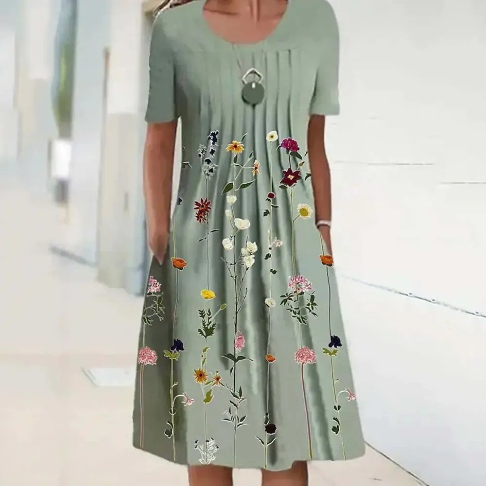 🌸🦋【40-100KG】Nowa damska sukienka z okrągłym dekoltem i nadrukiem (S-3XL)