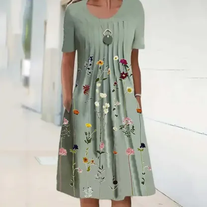 🌸🦋【40-100KG】Nowa damska sukienka z okrągłym dekoltem i nadrukiem (S-3XL)
