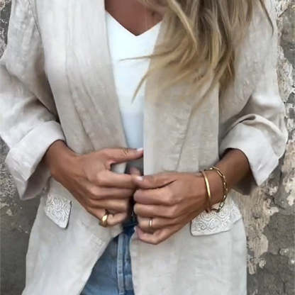 🌸 Bawełniana lniana marynarka damska z otwartym przodem