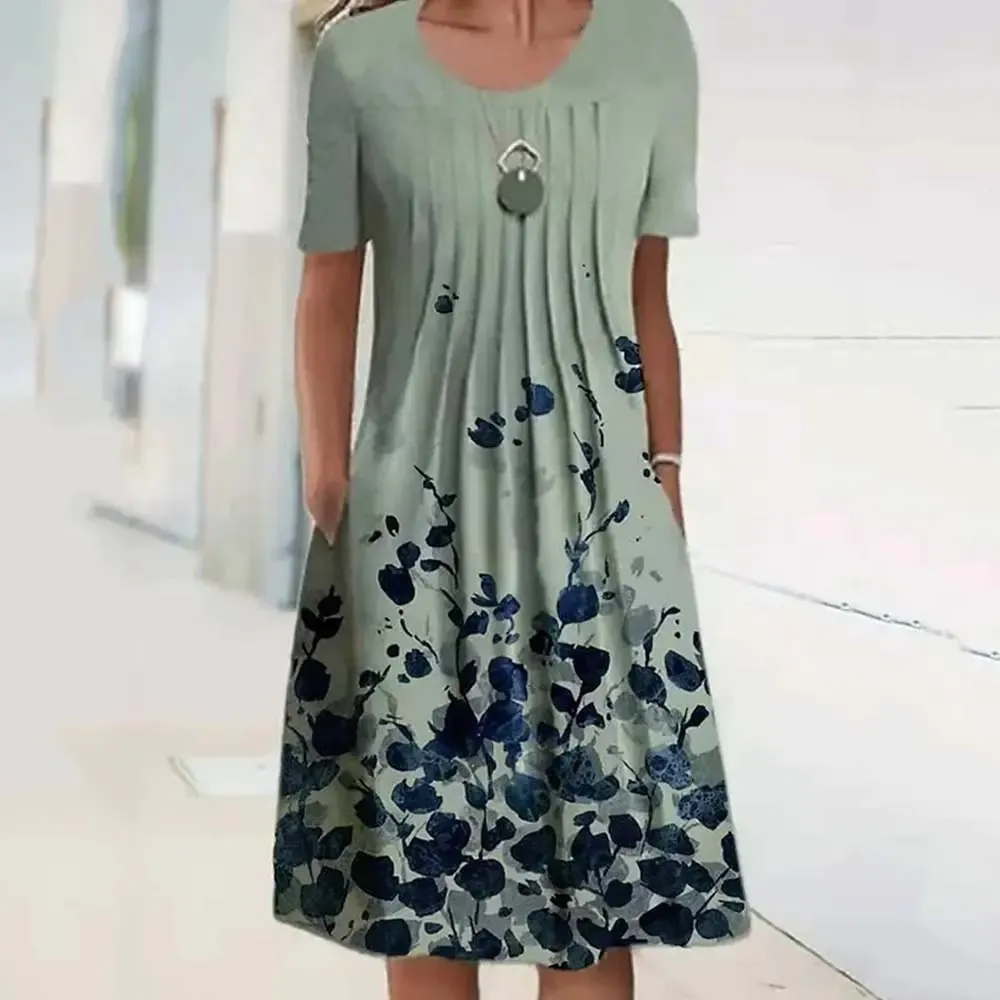 🌸🦋【40-100KG】Nowa damska sukienka z okrągłym dekoltem i nadrukiem (S-3XL)