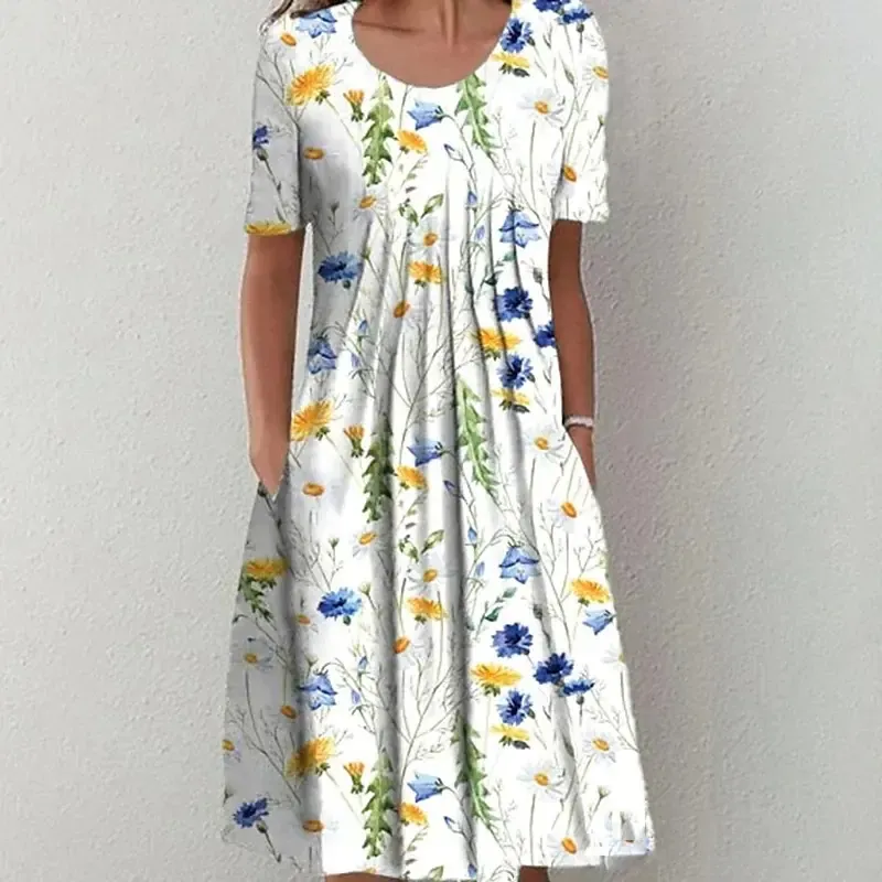 🌸🦋【40-100KG】Nowa damska sukienka z okrągłym dekoltem i nadrukiem (S-3XL)