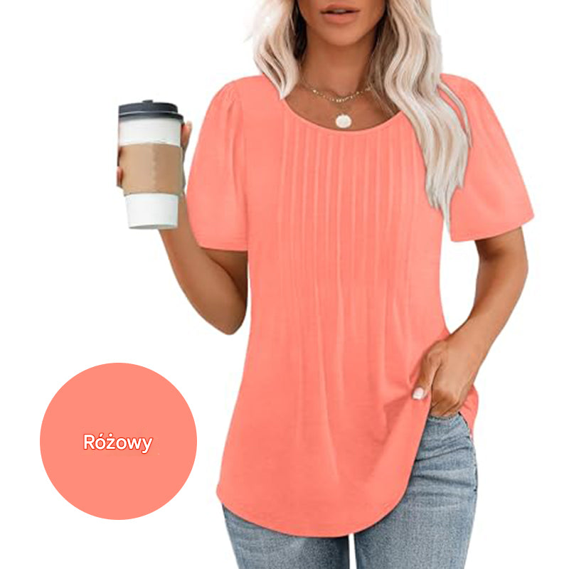 🔥👚Damska letnia koszulka z krótkim rękawem i okrągłym dekoltem plisowana
