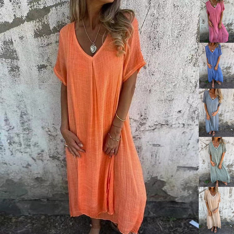533💕 Cosa dovrei indossare domani? 🔥 Abito ampio da donna in cotone e lino con scollo a V
