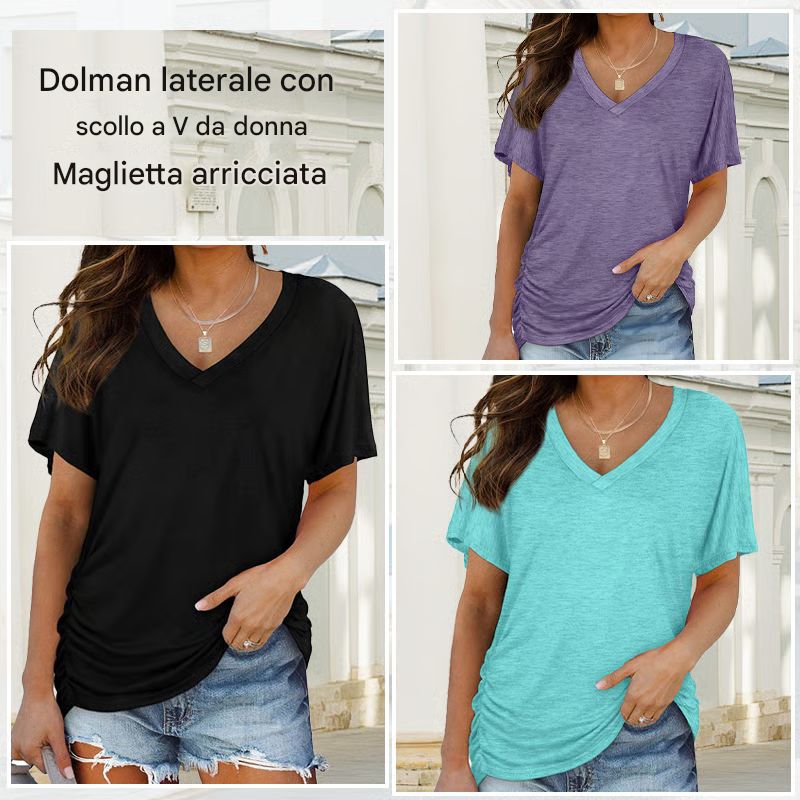 🔥Offerta speciale limitata 49% di sconto💥T-shirt da donna con scollo a V e arricciatura laterale Dolman