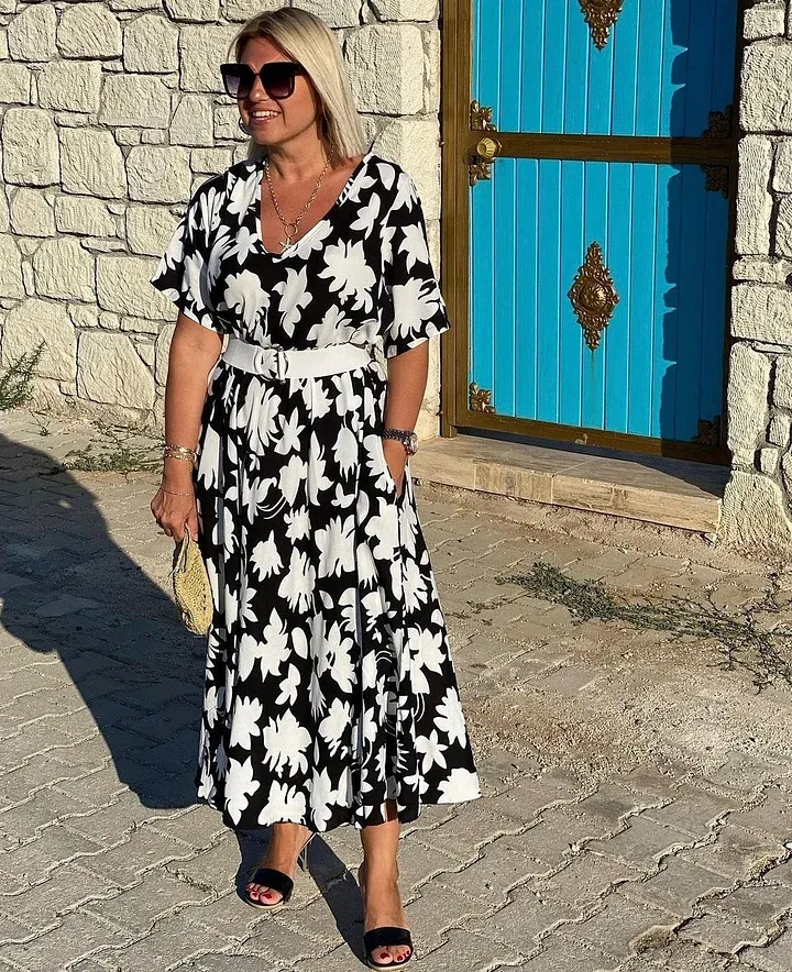 Abito lungo casual con scollo a V e stampa floreale
