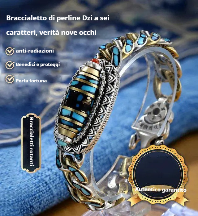 Bracciale turchese retrò a sei cifre in argento 925 con perline trasferibili Mantra