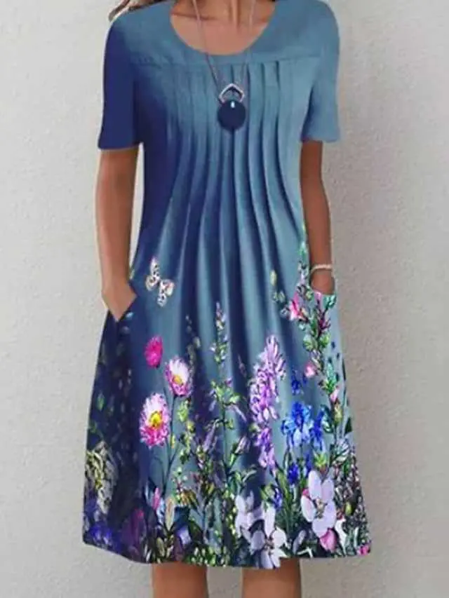 🌸🦋【40-100KG】Nowa damska sukienka z okrągłym dekoltem i nadrukiem (S-3XL)