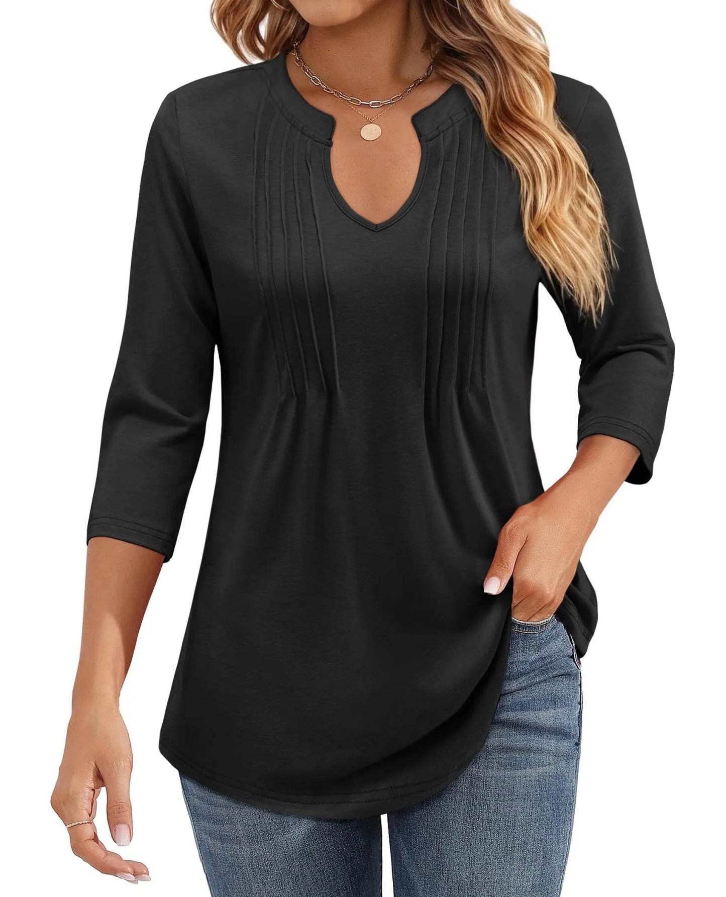 526✨WOMENS CASUAL 3/4 SLEEVE PLEATED TUNIC BLOUSE(🎁⏰Final Day: BUY 2 GET 1 FREE)