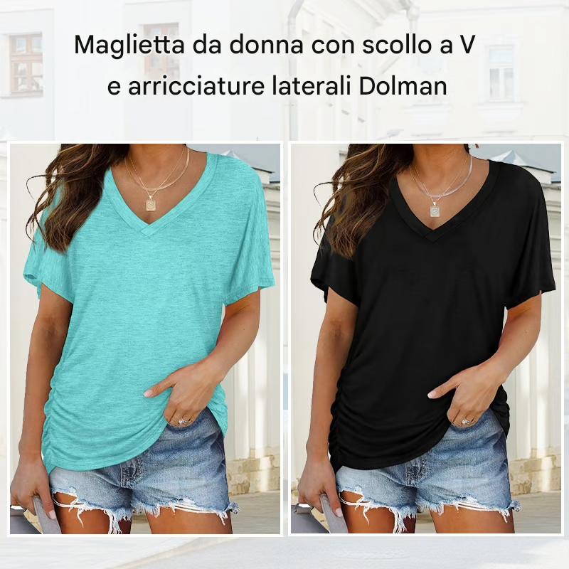 🔥Offerta speciale limitata 49% di sconto💥T-shirt da donna con scollo a V e arricciatura laterale Dolman