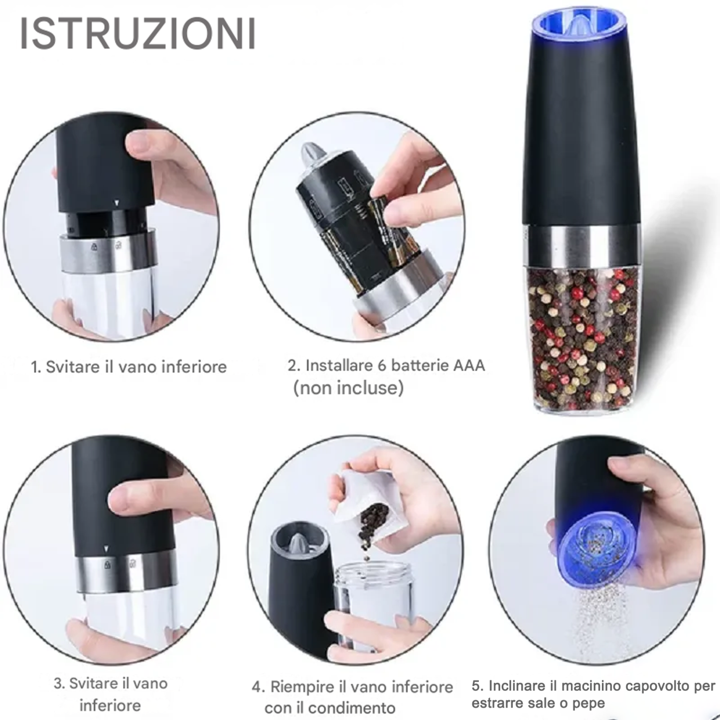 Macinasale e pepe elettrico automatico a induzione gravitazionale