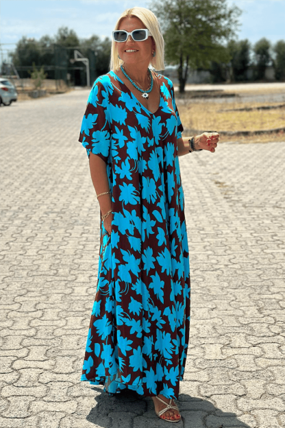 Abito lungo casual con scollo a V e stampa floreale