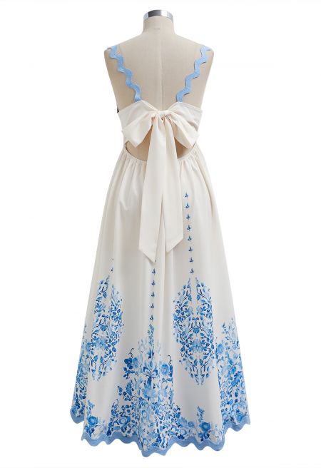 Abito Cami con fiocco con fiocco floreale ondulato azzurro cielo
