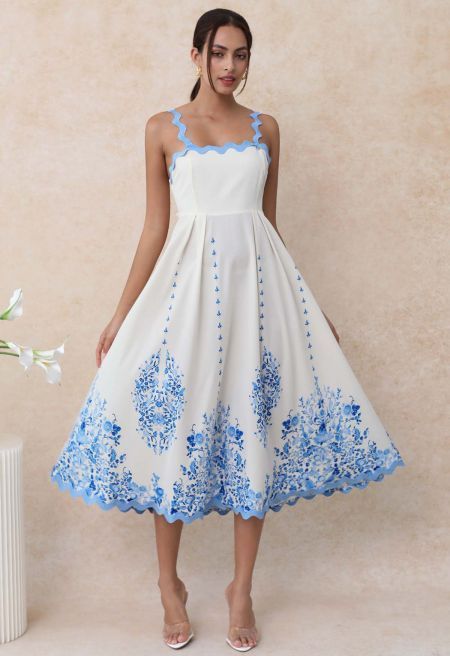 Abito Cami con fiocco con fiocco floreale ondulato azzurro cielo