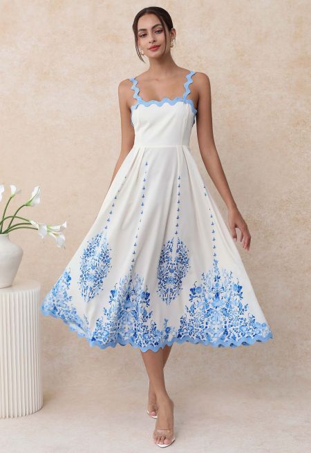 Abito Cami con fiocco con fiocco floreale ondulato azzurro cielo