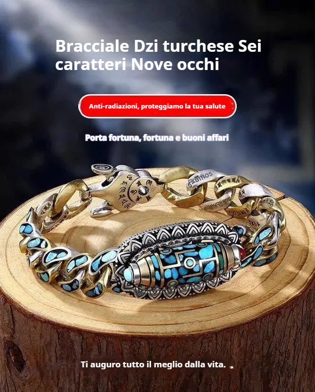 Bracciale turchese retrò a sei cifre in argento 925 con perline trasferibili Mantra